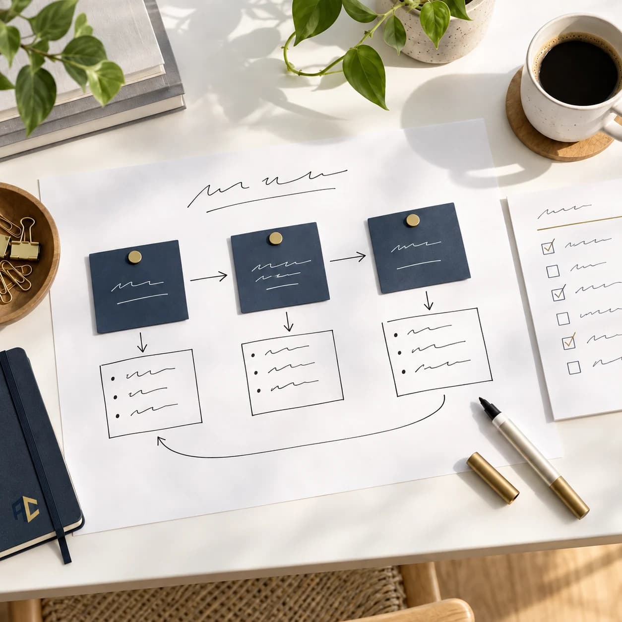 A bright hand-drawn process map beside an AutonomousCity notebook